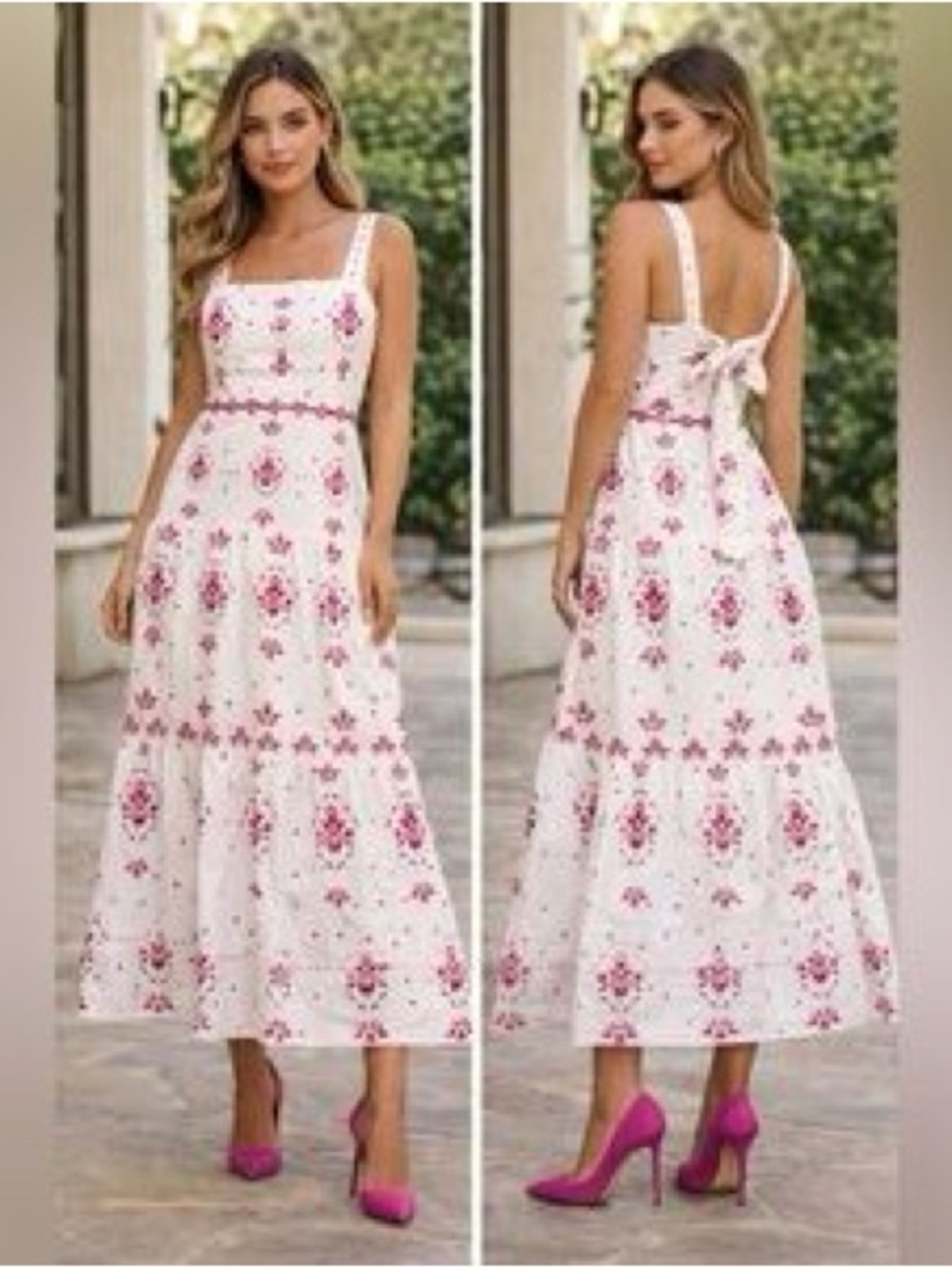 Christian Lacroix Cream Maxi Dress with Pink Floral Motif and Tie Back